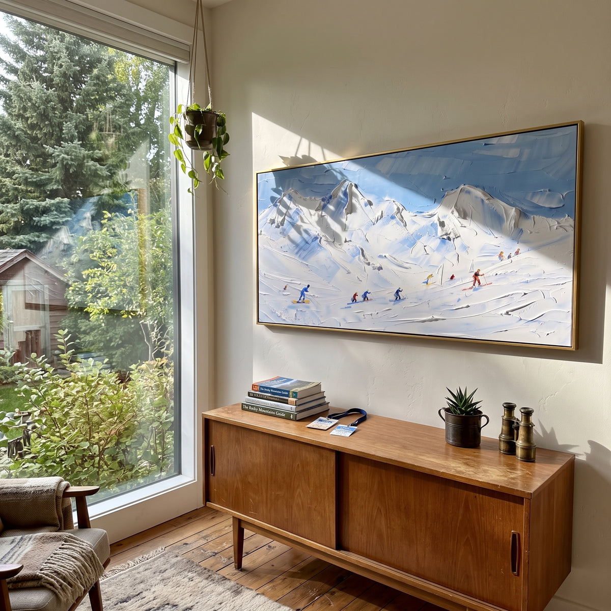 Ridge Snow Corridors With Pine Shadows focuses on a forest-framed ski descent with clustered pines and winding carved tracks. The artwork shows a winter ski scene built from the actual image: visible downhill figures, curved snow tracks, raised ridgelines, and alpine space arranged in a wide composition. The white, green, blue palette gives the piece a cold mountain atmosphere while the thick impasto surface creates shadows along each snowbank, ski line, and textured ridge. This is presented as