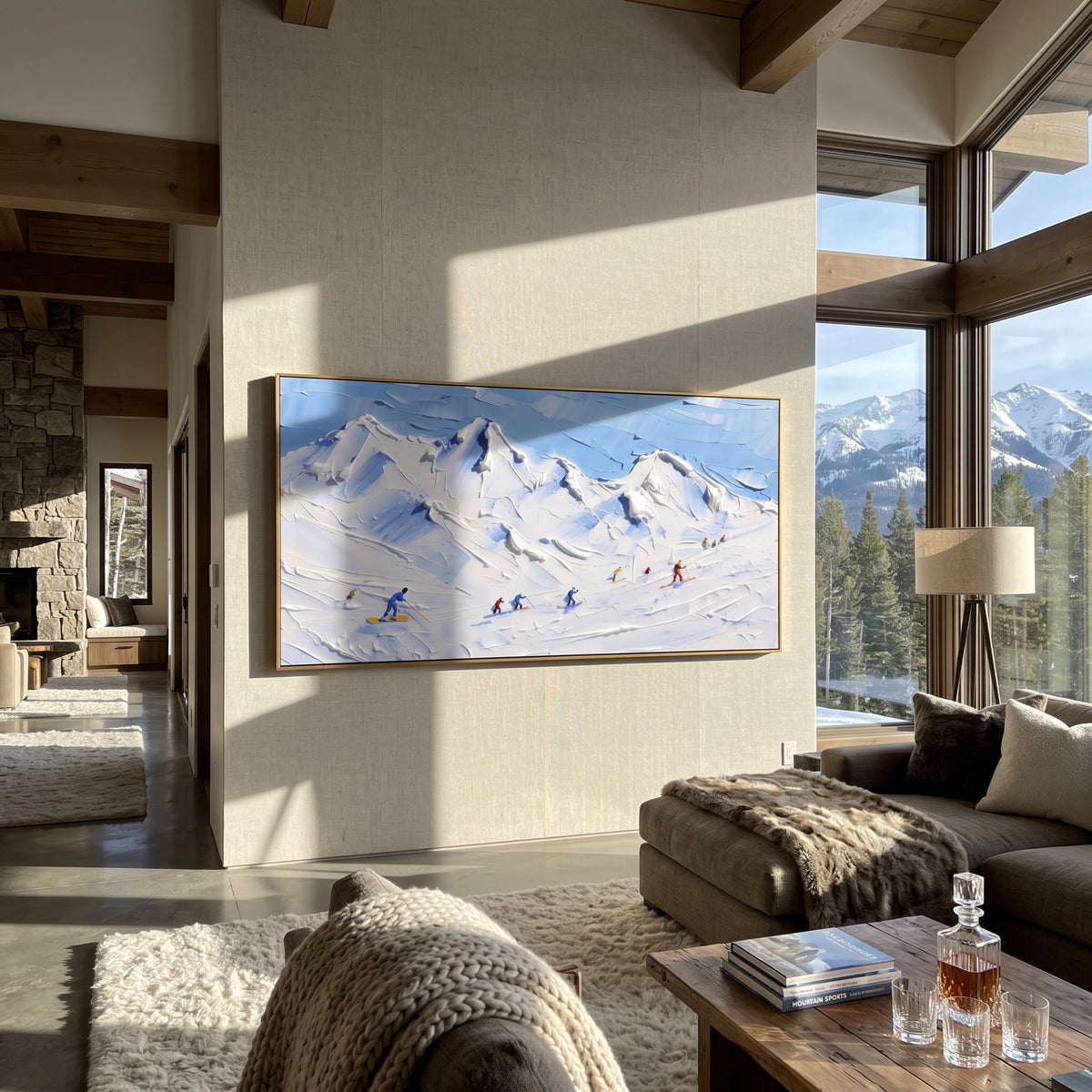Ridge Snow Corridors With Pine Shadows focuses on a forest-framed ski descent with clustered pines and winding carved tracks. The artwork shows a winter ski scene built from the actual image: visible downhill figures, curved snow tracks, raised ridgelines, and alpine space arranged in a wide composition. The white, green, blue palette gives the piece a cold mountain atmosphere while the thick impasto surface creates shadows along each snowbank, ski line, and textured ridge. This is presented as