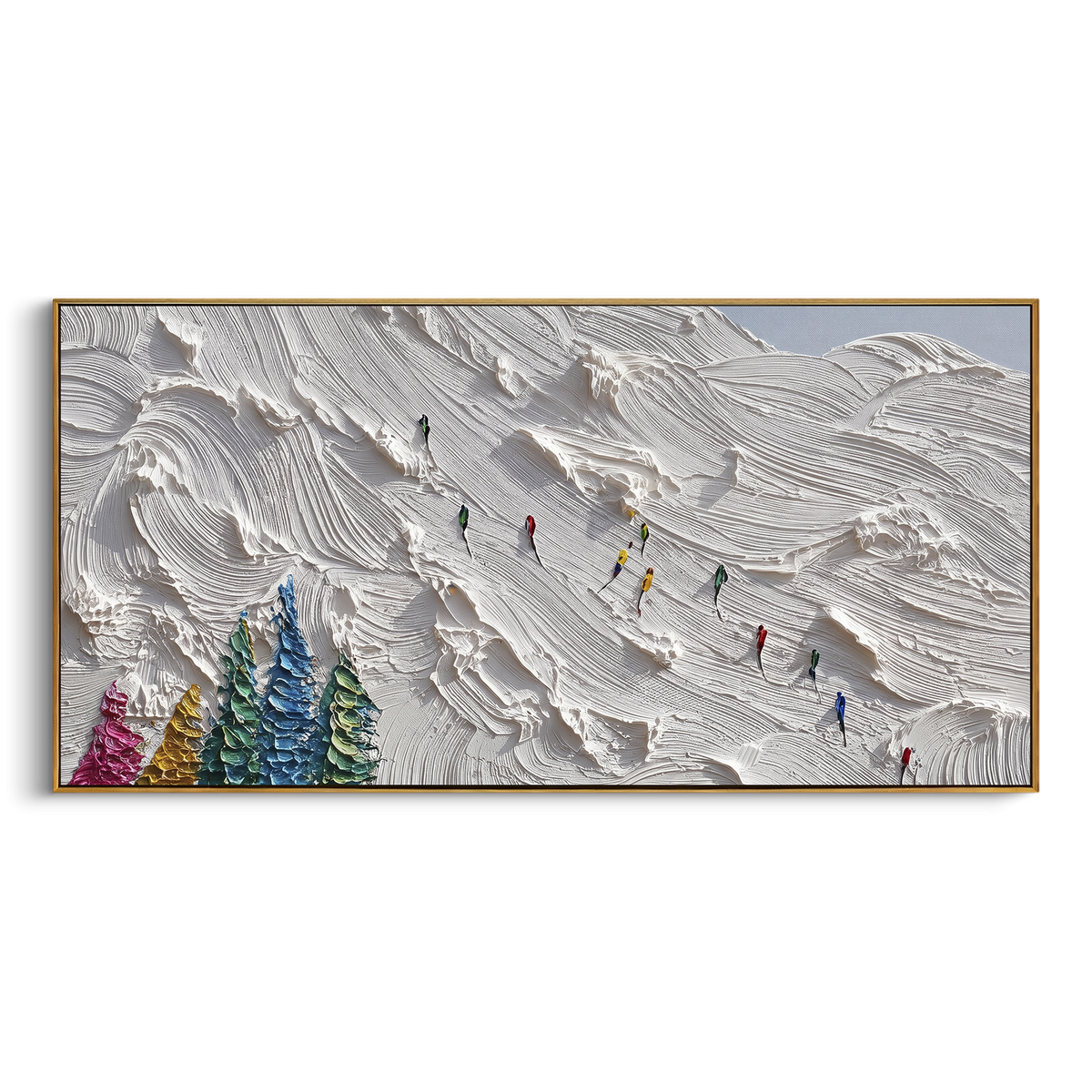 White Snow Trail With Pine Shadows focuses on a calm mountain basin with crisp tracks, snow shelves, and small skiers. The artwork shows a winter ski scene built from the actual image: visible downhill figures, curved snow tracks, raised ridgelines, and alpine space arranged in a wide composition. The white, black, gray palette gives the piece a cold mountain atmosphere while the thick impasto surface creates shadows along each snowbank, ski line, and textured ridge. This is presented as