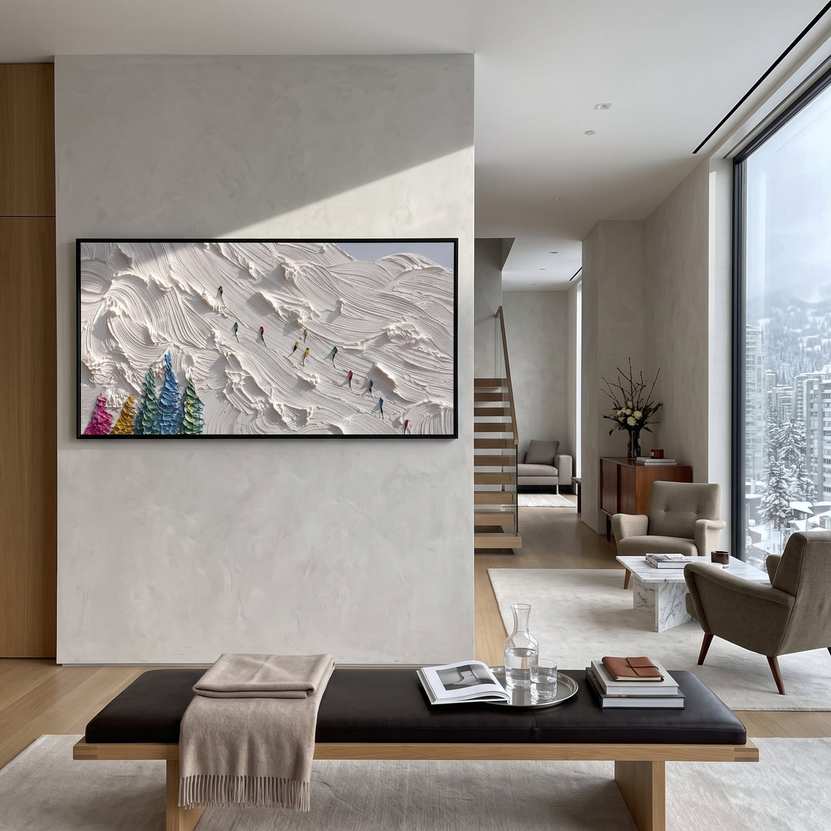 White Snow Trail With Pine Shadows focuses on a calm mountain basin with crisp tracks, snow shelves, and small skiers. The artwork shows a winter ski scene built from the actual image: visible downhill figures, curved snow tracks, raised ridgelines, and alpine space arranged in a wide composition. The white, black, gray palette gives the piece a cold mountain atmosphere while the thick impasto surface creates shadows along each snowbank, ski line, and textured ridge. This is presented as