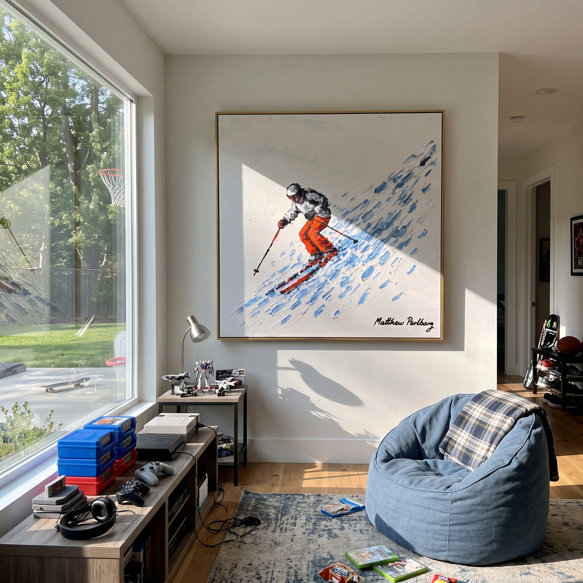 Orange Pants Powder Skier focuses on a close skier in orange pants cutting through blue snow spray. The artwork shows a winter ski scene built from the actual image: visible downhill figures, curved snow tracks, raised ridgelines, and alpine space arranged in a balanced composition. The orange, blue, white palette gives the piece a cold mountain atmosphere while the thick impasto surface creates shadows along each snowbank, ski line, and textured ridge. This is presented as hand-painted textured