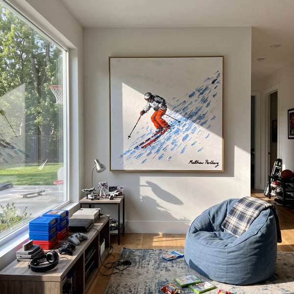 "Orange Pants Powder Skier" - Modern Heavy Impasto Landscape Artwork | Orange & Blue Palette Knife Painting | Luxury Square Wall Art #PT 2506