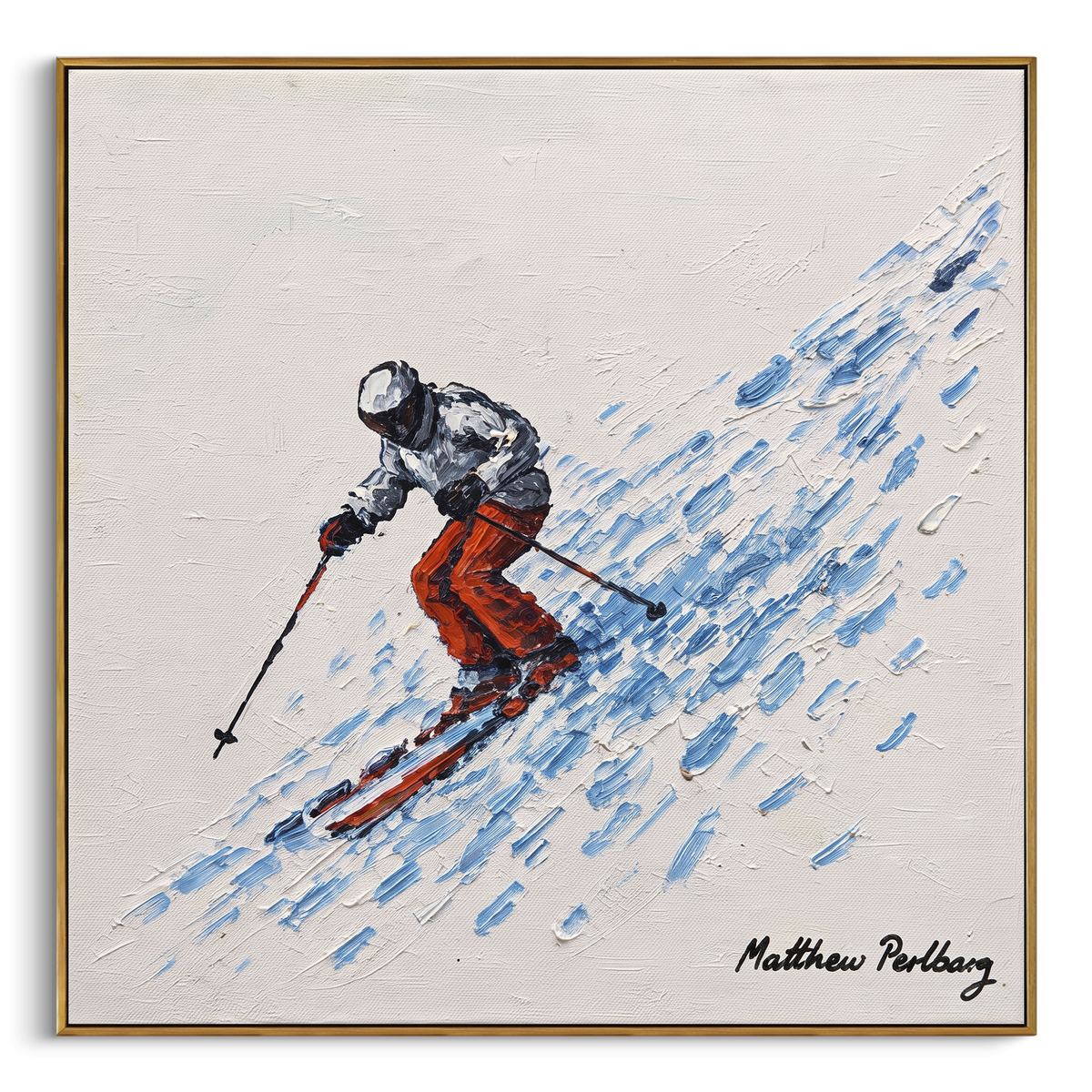 Orange Pants Powder Skier focuses on a close skier in orange pants cutting through blue snow spray. The artwork shows a winter ski scene built from the actual image: visible downhill figures, curved snow tracks, raised ridgelines, and alpine space arranged in a balanced composition. The orange, blue, white palette gives the piece a cold mountain atmosphere while the thick impasto surface creates shadows along each snowbank, ski line, and textured ridge. This is presented as hand-painted textured