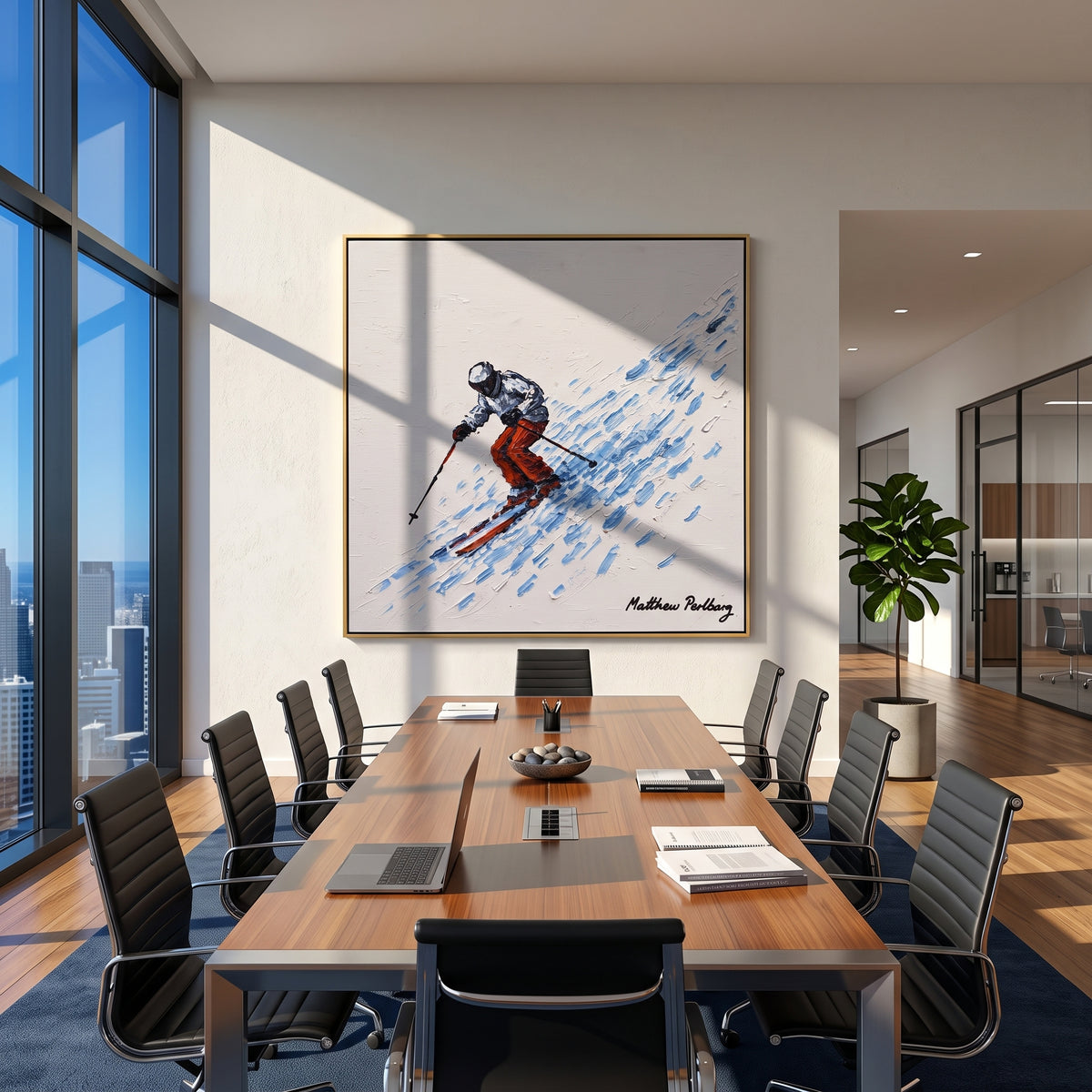 Orange Pants Powder Skier focuses on a close skier in orange pants cutting through blue snow spray. The artwork shows a winter ski scene built from the actual image: visible downhill figures, curved snow tracks, raised ridgelines, and alpine space arranged in a balanced composition. The orange, blue, white palette gives the piece a cold mountain atmosphere while the thick impasto surface creates shadows along each snowbank, ski line, and textured ridge. This is presented as hand-painted textured