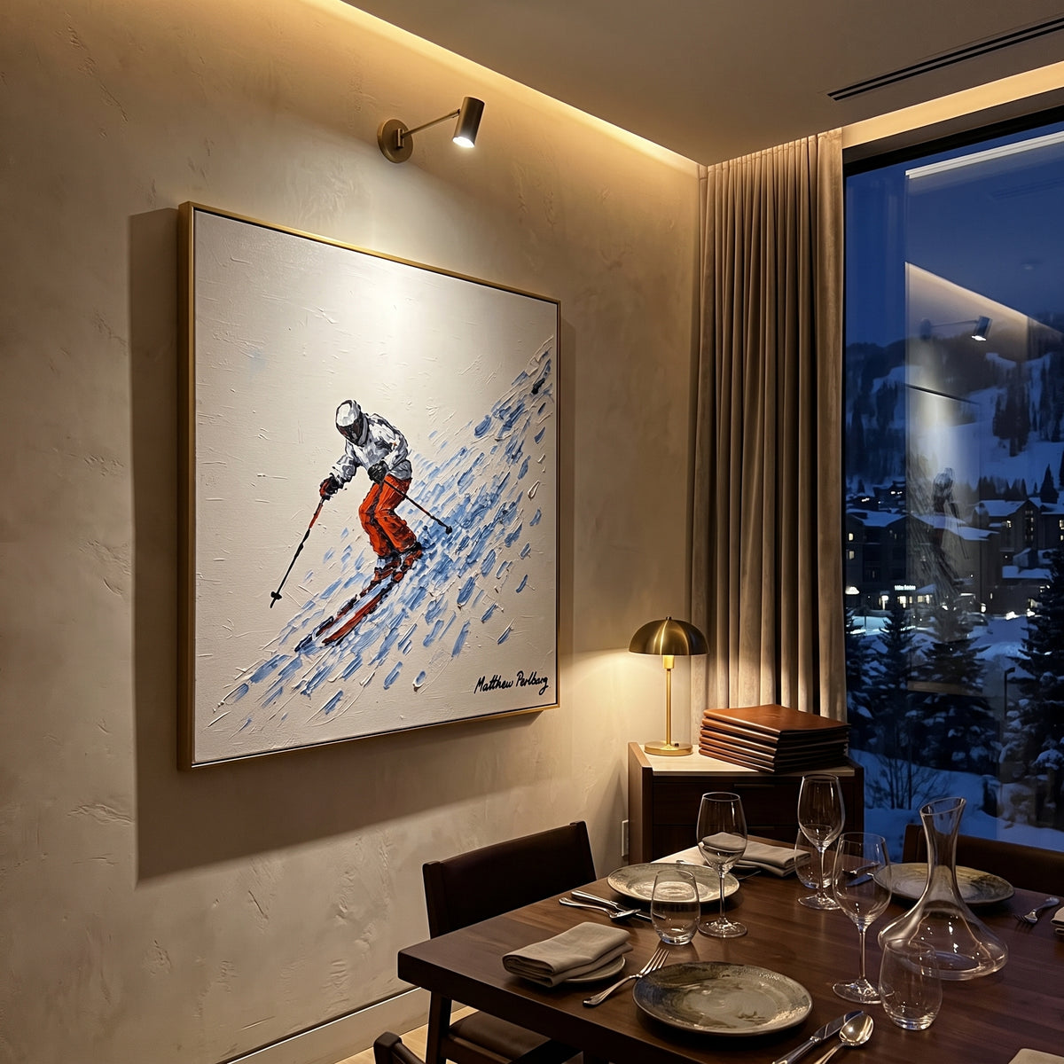 Orange Pants Powder Skier focuses on a close skier in orange pants cutting through blue snow spray. The artwork shows a winter ski scene built from the actual image: visible downhill figures, curved snow tracks, raised ridgelines, and alpine space arranged in a balanced composition. The orange, blue, white palette gives the piece a cold mountain atmosphere while the thick impasto surface creates shadows along each snowbank, ski line, and textured ridge. This is presented as hand-painted textured