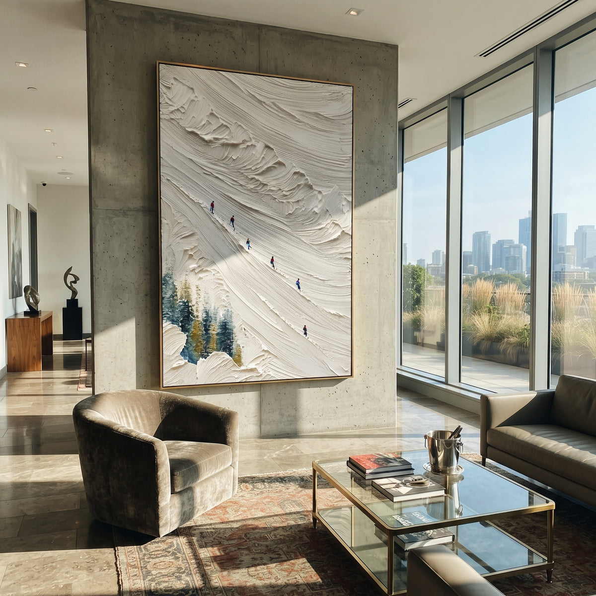 Quiet Winter Slope focuses on tiny red, blue, and yellow skiers scattered across a sculpted alpine slope. The artwork shows a winter ski scene built from the actual image: visible downhill figures, curved snow tracks, raised ridgelines, and alpine space arranged in a tall composition. The white, beige, blue palette gives the piece a cold mountain atmosphere while the thick impasto surface creates shadows along each snowbank, ski line, and textured ridge. This is presented as hand-painted