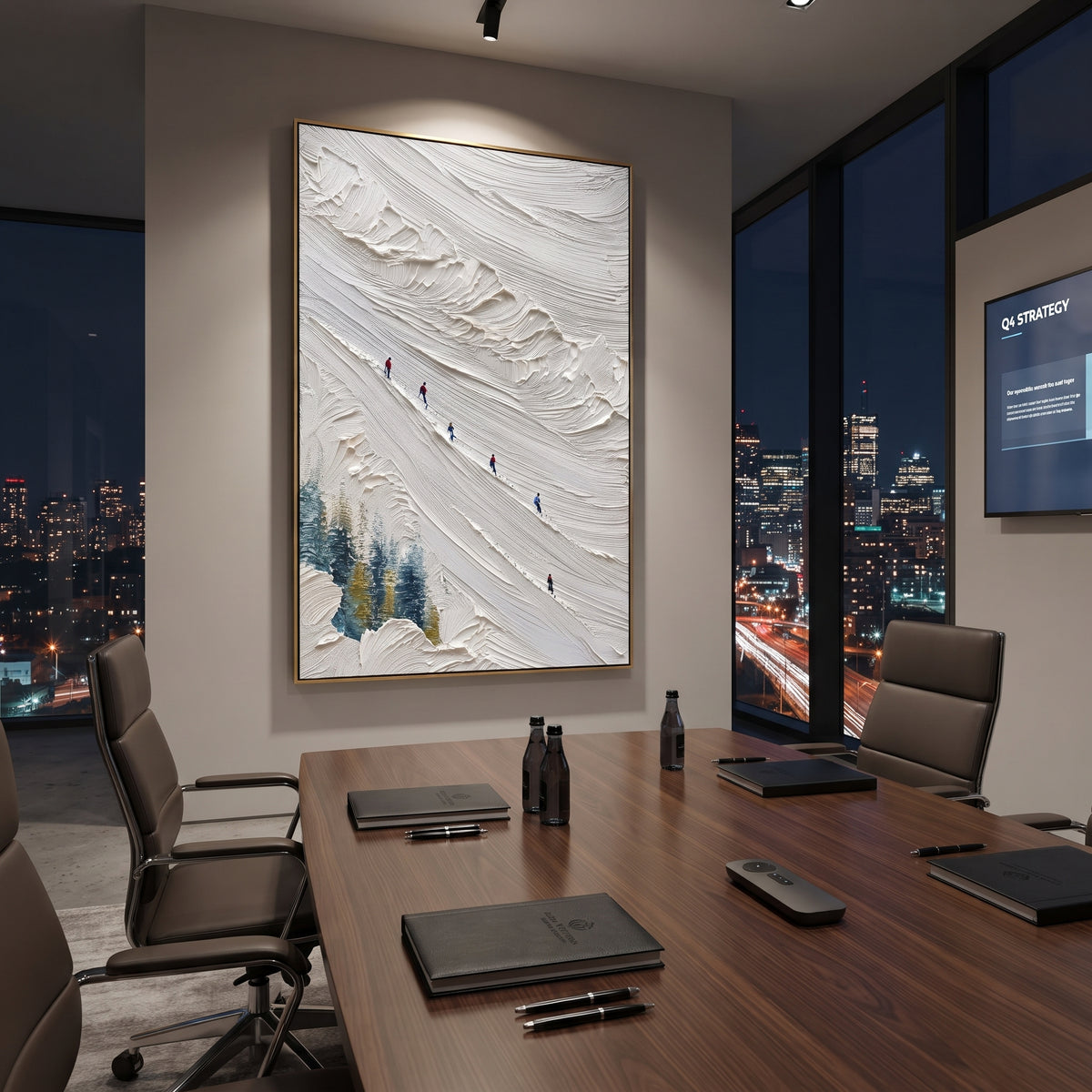 Quiet Winter Slope focuses on tiny red, blue, and yellow skiers scattered across a sculpted alpine slope. The artwork shows a winter ski scene built from the actual image: visible downhill figures, curved snow tracks, raised ridgelines, and alpine space arranged in a tall composition. The white, beige, blue palette gives the piece a cold mountain atmosphere while the thick impasto surface creates shadows along each snowbank, ski line, and textured ridge. This is presented as hand-painted