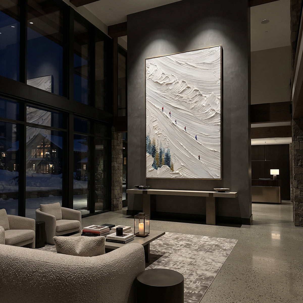 Quiet Winter Slope focuses on tiny red, blue, and yellow skiers scattered across a sculpted alpine slope. The artwork shows a winter ski scene built from the actual image: visible downhill figures, curved snow tracks, raised ridgelines, and alpine space arranged in a tall composition. The white, beige, blue palette gives the piece a cold mountain atmosphere while the thick impasto surface creates shadows along each snowbank, ski line, and textured ridge. This is presented as hand-painted