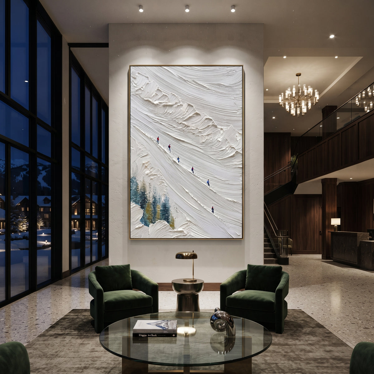 Quiet Winter Slope focuses on tiny red, blue, and yellow skiers scattered across a sculpted alpine slope. The artwork shows a winter ski scene built from the actual image: visible downhill figures, curved snow tracks, raised ridgelines, and alpine space arranged in a tall composition. The white, beige, blue palette gives the piece a cold mountain atmosphere while the thick impasto surface creates shadows along each snowbank, ski line, and textured ridge. This is presented as hand-painted