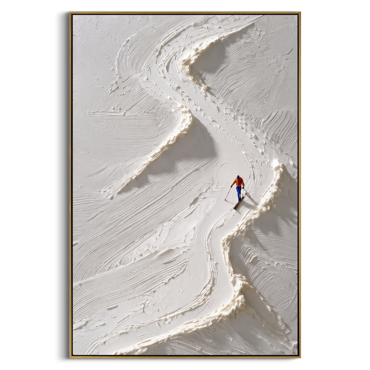 Carved Ski Tracks With Pine Shadows focuses on a forest-framed ski descent with clustered pines and winding carved tracks. The artwork shows a winter ski scene built from the actual image: visible downhill figures, curved snow tracks, raised ridgelines, and alpine space arranged in a tall composition. The white, blue, gray palette gives the piece a cold mountain atmosphere while the thick impasto surface creates shadows along each snowbank, ski line, and textured ridge. This is presented as