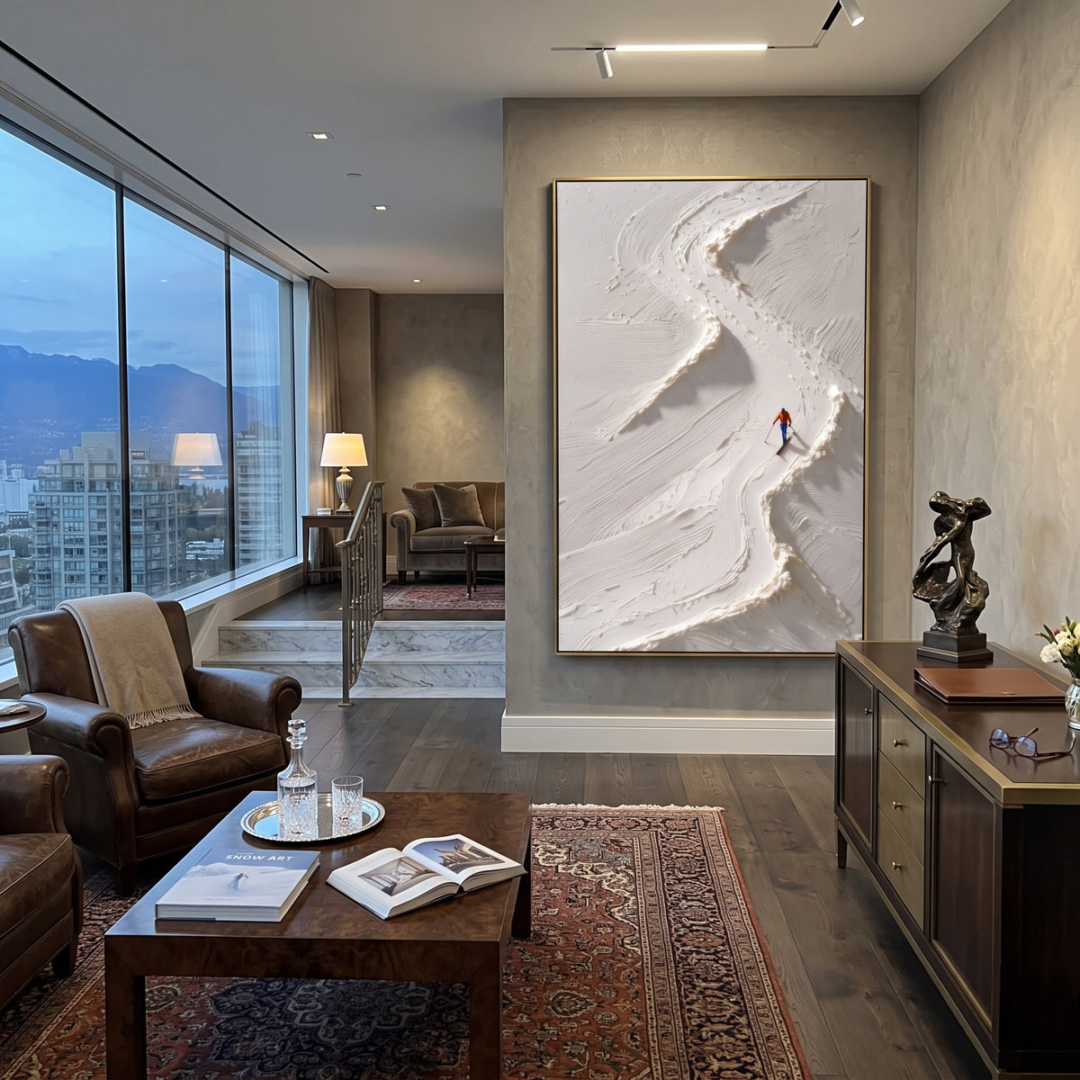 Carved Ski Tracks With Pine Shadows focuses on a forest-framed ski descent with clustered pines and winding carved tracks. The artwork shows a winter ski scene built from the actual image: visible downhill figures, curved snow tracks, raised ridgelines, and alpine space arranged in a tall composition. The white, blue, gray palette gives the piece a cold mountain atmosphere while the thick impasto surface creates shadows along each snowbank, ski line, and textured ridge. This is presented as