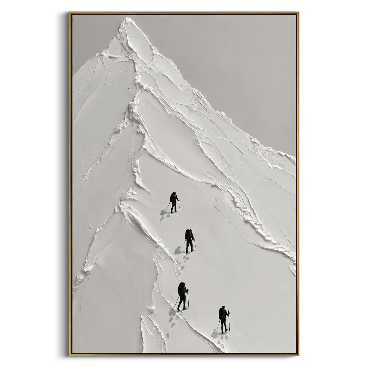 White Peak Climber Skiers focuses on four dark skiers climbing along a tall triangular white peak. The artwork shows a winter ski scene built from the actual image: visible downhill figures, curved snow tracks, raised ridgelines, and alpine space arranged in a tall composition. The white, gray, black palette gives the piece a cold mountain atmosphere while the thick impasto surface creates shadows along each snowbank, ski line, and textured ridge. This is presented as hand-painted textured