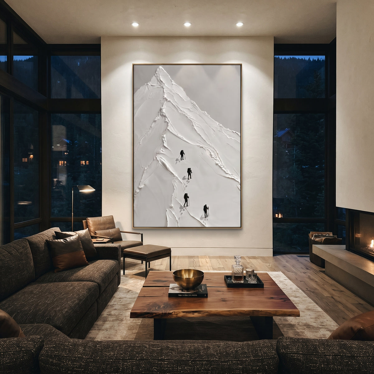 White Peak Climber Skiers focuses on four dark skiers climbing along a tall triangular white peak. The artwork shows a winter ski scene built from the actual image: visible downhill figures, curved snow tracks, raised ridgelines, and alpine space arranged in a tall composition. The white, gray, black palette gives the piece a cold mountain atmosphere while the thick impasto surface creates shadows along each snowbank, ski line, and textured ridge. This is presented as hand-painted textured