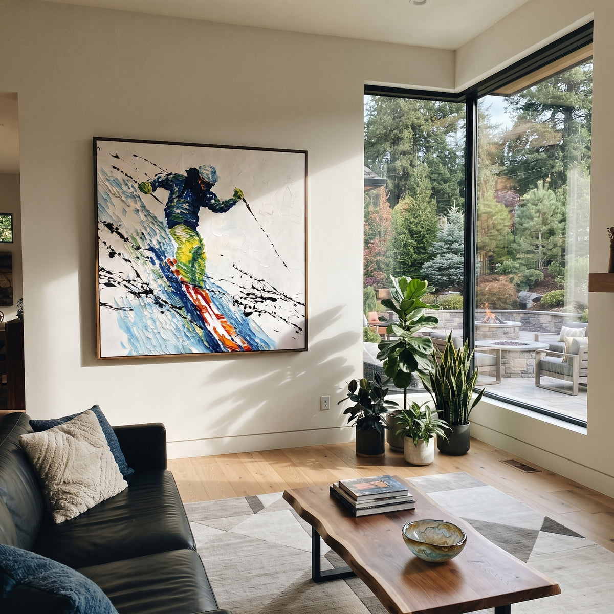 Green Jacket Carving Skier focuses on a bold green and blue skier leaning through a fast powder carve. The artwork shows a winter ski scene built from the actual image: visible downhill figures, curved snow tracks, raised ridgelines, and alpine space arranged in a balanced composition. The green, blue, white palette gives the piece a cold mountain atmosphere while the thick impasto surface creates shadows along each snowbank, ski line, and textured ridge. This is presented as hand-painted