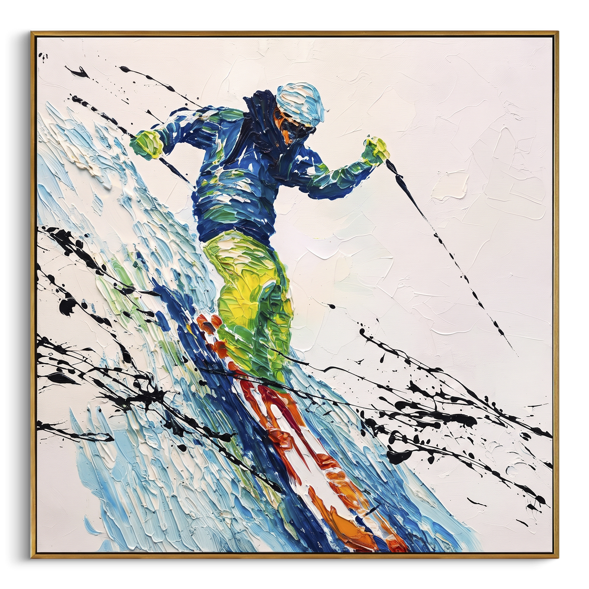 Green Jacket Carving Skier focuses on a bold green and blue skier leaning through a fast powder carve. The artwork shows a winter ski scene built from the actual image: visible downhill figures, curved snow tracks, raised ridgelines, and alpine space arranged in a balanced composition. The green, blue, white palette gives the piece a cold mountain atmosphere while the thick impasto surface creates shadows along each snowbank, ski line, and textured ridge. This is presented as hand-painted