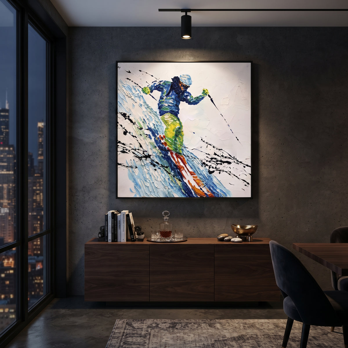 Green Jacket Carving Skier focuses on a bold green and blue skier leaning through a fast powder carve. The artwork shows a winter ski scene built from the actual image: visible downhill figures, curved snow tracks, raised ridgelines, and alpine space arranged in a balanced composition. The green, blue, white palette gives the piece a cold mountain atmosphere while the thick impasto surface creates shadows along each snowbank, ski line, and textured ridge. This is presented as hand-painted