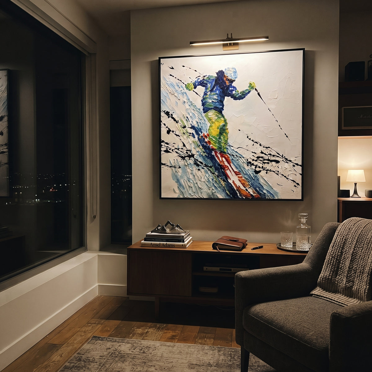 Green Jacket Carving Skier focuses on a bold green and blue skier leaning through a fast powder carve. The artwork shows a winter ski scene built from the actual image: visible downhill figures, curved snow tracks, raised ridgelines, and alpine space arranged in a balanced composition. The green, blue, white palette gives the piece a cold mountain atmosphere while the thick impasto surface creates shadows along each snowbank, ski line, and textured ridge. This is presented as hand-painted