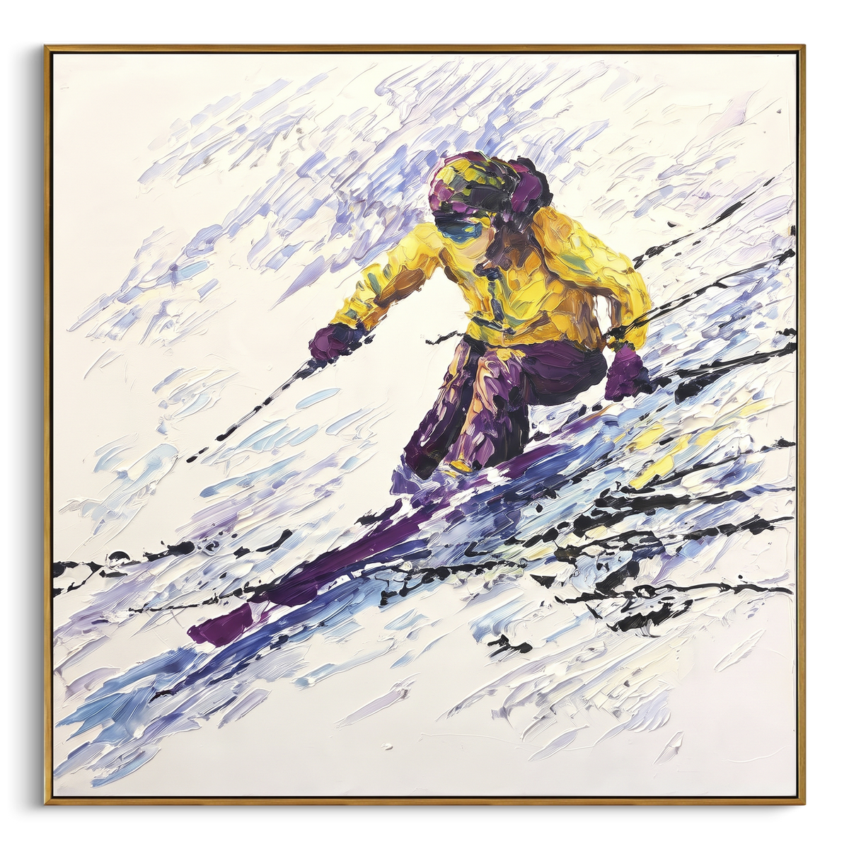Yellow Jacket Carving Skier focuses on a yellow jacket skier leaning hard across violet and black speed marks. The artwork shows a winter ski scene built from the actual image: visible downhill figures, curved snow tracks, raised ridgelines, and alpine space arranged in a balanced composition. The yellow, purple, white palette gives the piece a cold mountain atmosphere while the thick impasto surface creates shadows along each snowbank, ski line, and textured ridge. This is presented as