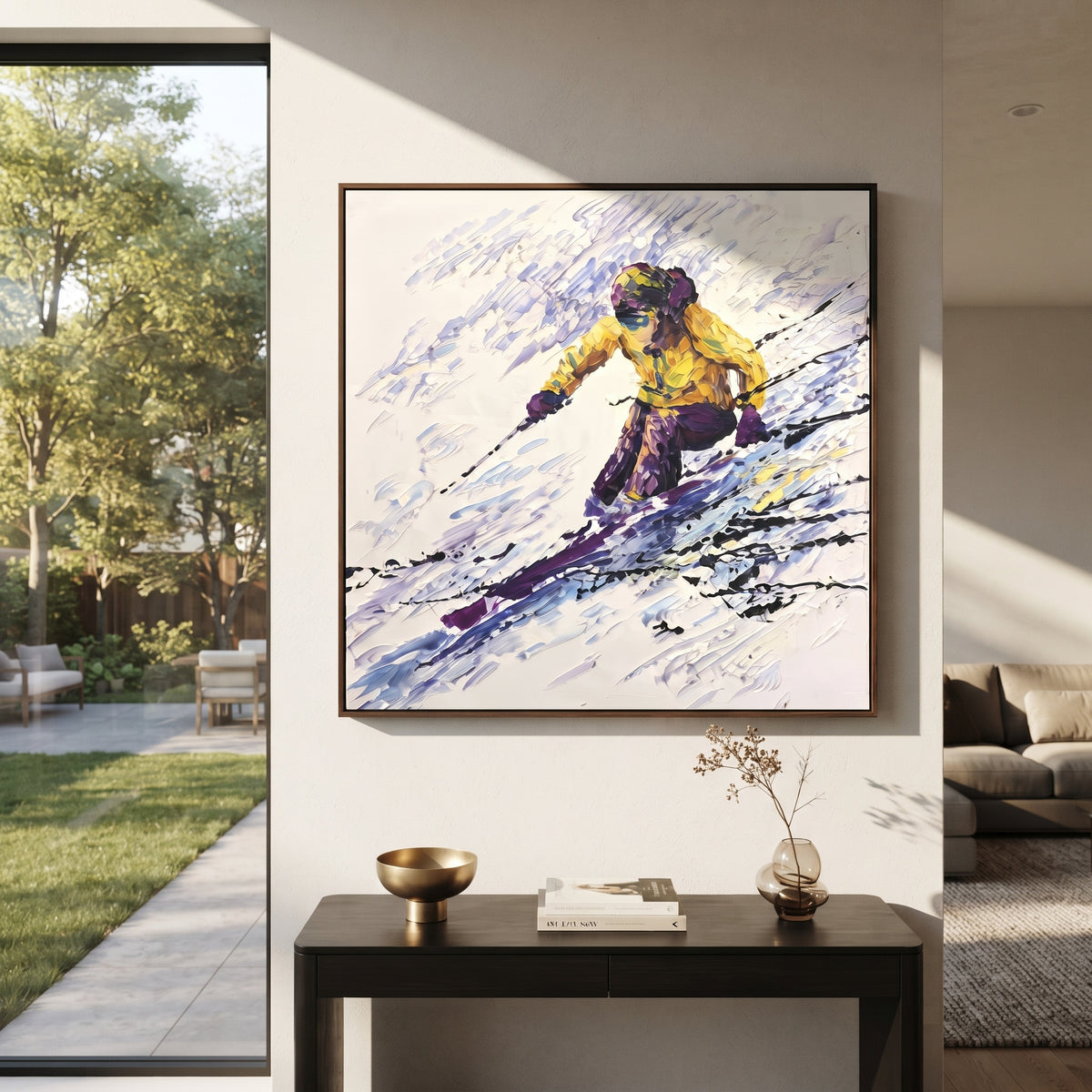 Yellow Jacket Carving Skier focuses on a yellow jacket skier leaning hard across violet and black speed marks. The artwork shows a winter ski scene built from the actual image: visible downhill figures, curved snow tracks, raised ridgelines, and alpine space arranged in a balanced composition. The yellow, purple, white palette gives the piece a cold mountain atmosphere while the thick impasto surface creates shadows along each snowbank, ski line, and textured ridge. This is presented as