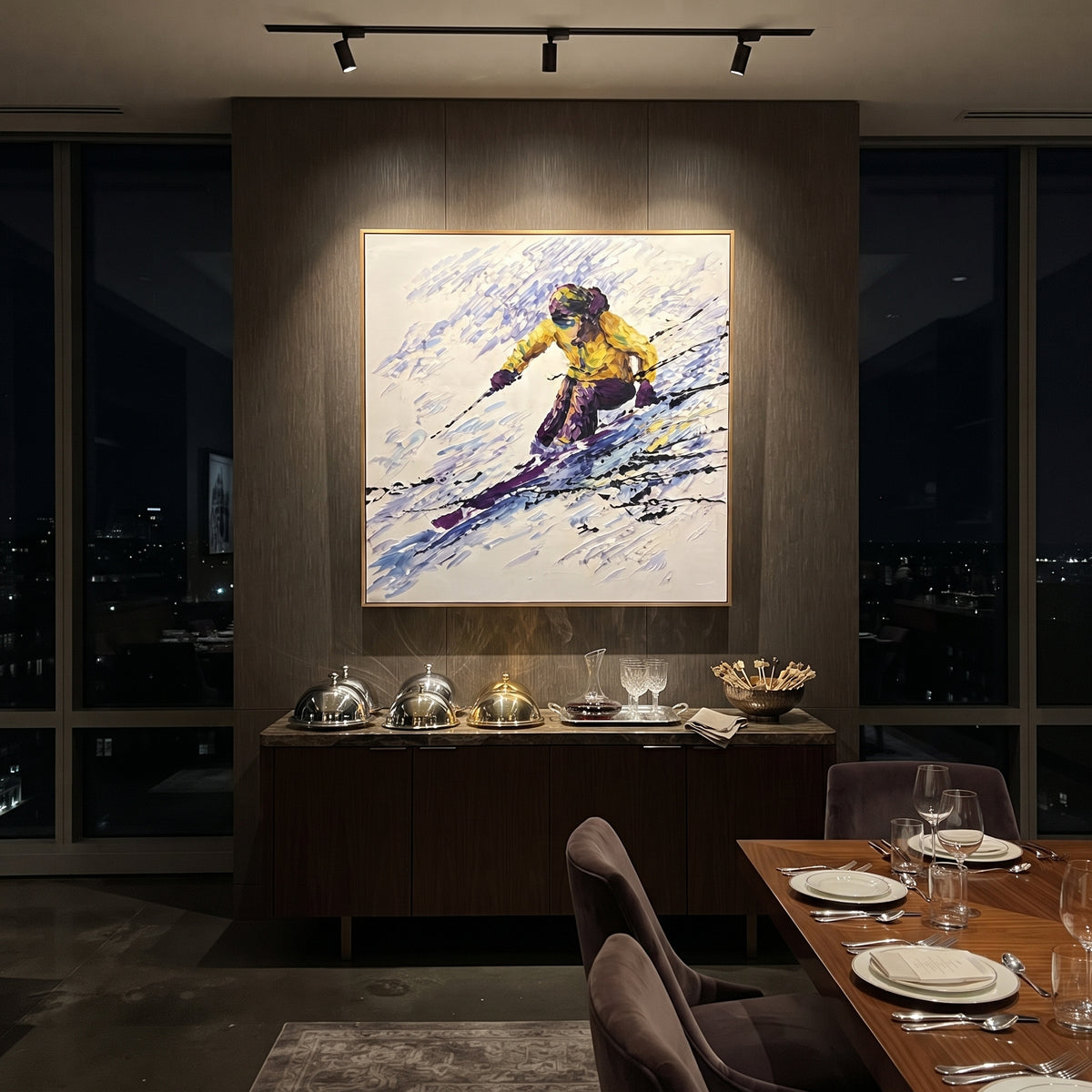 Yellow Jacket Carving Skier focuses on a yellow jacket skier leaning hard across violet and black speed marks. The artwork shows a winter ski scene built from the actual image: visible downhill figures, curved snow tracks, raised ridgelines, and alpine space arranged in a balanced composition. The yellow, purple, white palette gives the piece a cold mountain atmosphere while the thick impasto surface creates shadows along each snowbank, ski line, and textured ridge. This is presented as