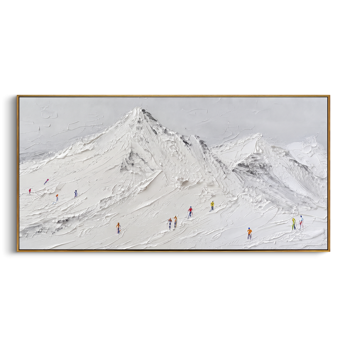 White Mountain Base Skiers focuses on a white mountain ridge with many colored skiers spread across the base. The artwork shows a winter ski scene built from the actual image: visible downhill figures, curved snow tracks, raised ridgelines, and alpine space arranged in a wide composition. The white, gray, red palette gives the piece a cold mountain atmosphere while the thick impasto surface creates shadows along each snowbank, ski line, and textured ridge. This is presented as hand-painted