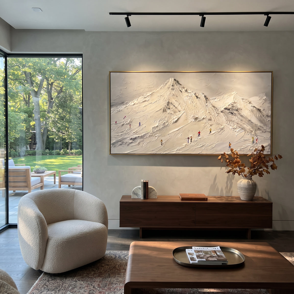 White Mountain Base Skiers focuses on a white mountain ridge with many colored skiers spread across the base. The artwork shows a winter ski scene built from the actual image: visible downhill figures, curved snow tracks, raised ridgelines, and alpine space arranged in a wide composition. The white, gray, red palette gives the piece a cold mountain atmosphere while the thick impasto surface creates shadows along each snowbank, ski line, and textured ridge. This is presented as hand-painted