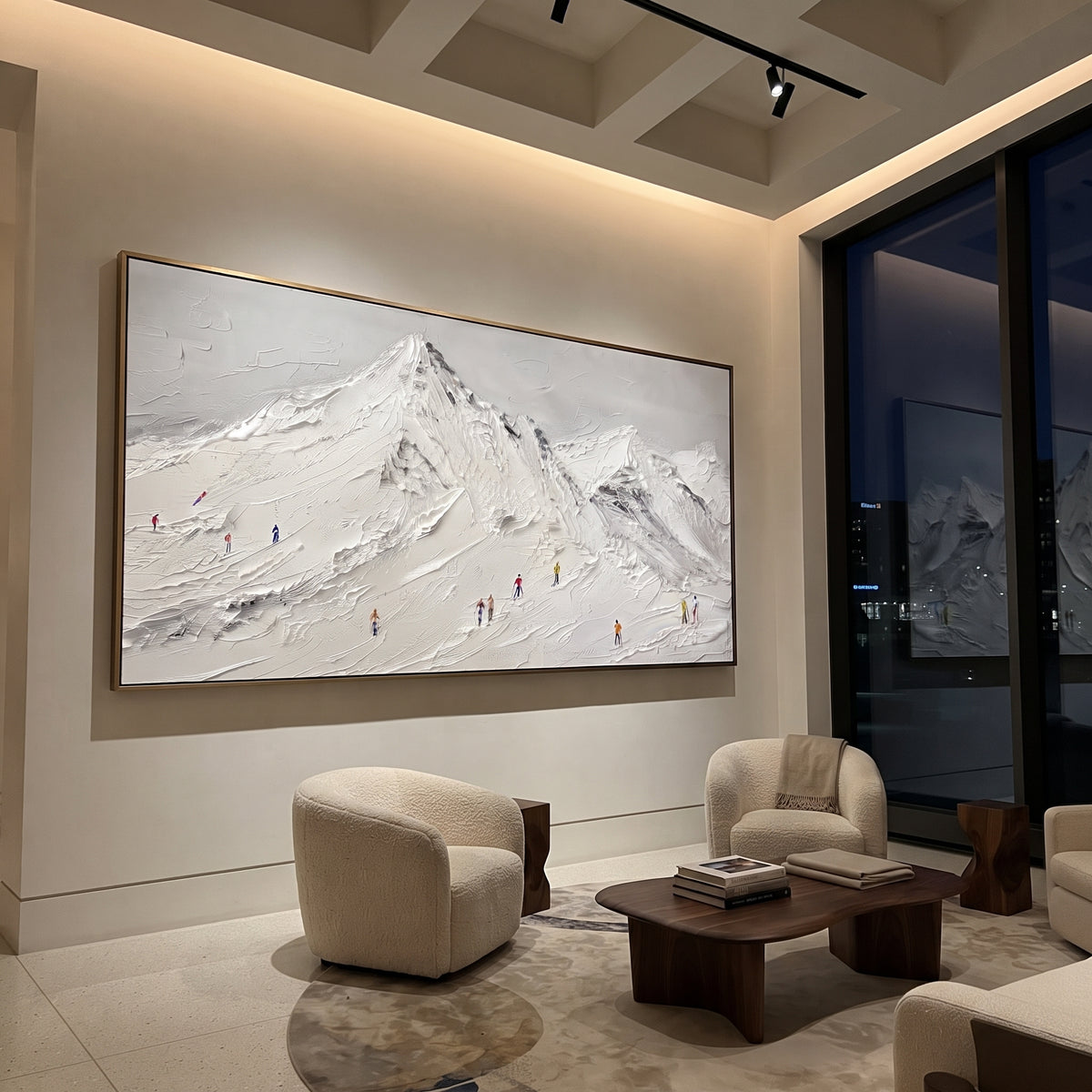 White Mountain Base Skiers focuses on a white mountain ridge with many colored skiers spread across the base. The artwork shows a winter ski scene built from the actual image: visible downhill figures, curved snow tracks, raised ridgelines, and alpine space arranged in a wide composition. The white, gray, red palette gives the piece a cold mountain atmosphere while the thick impasto surface creates shadows along each snowbank, ski line, and textured ridge. This is presented as hand-painted