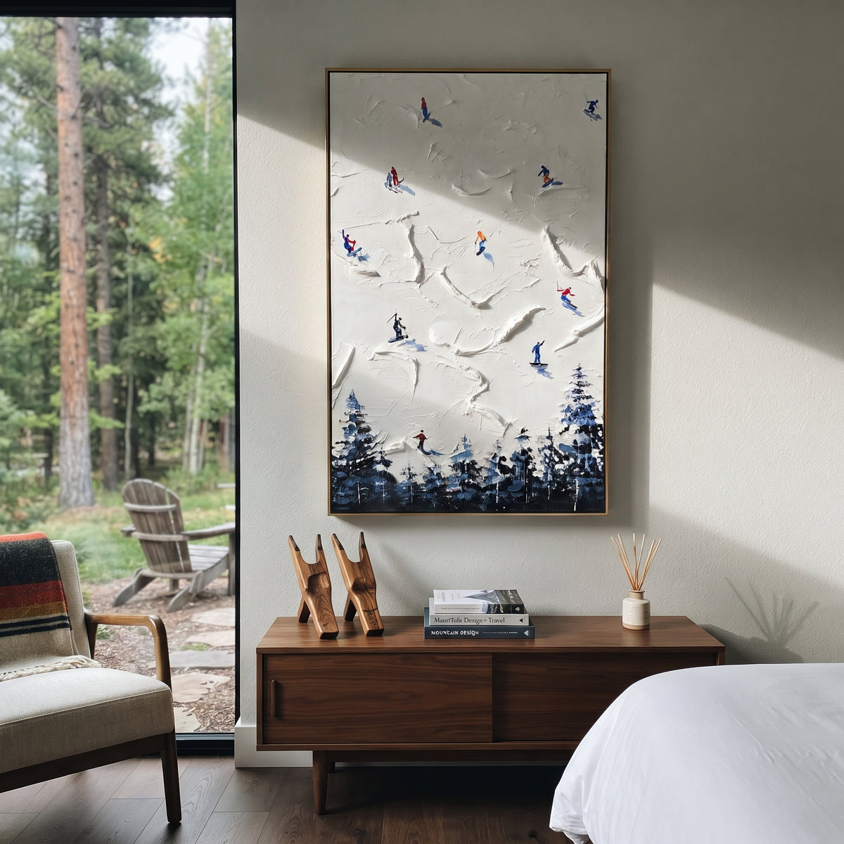 Valley Skiers With Blue Tracks focuses on colored skiers crossing raised white snow tracks between dark pine edges. The artwork shows a winter ski scene built from the actual image: visible downhill figures, curved snow tracks, raised ridgelines, and alpine space arranged in a tall composition. The white, blue, gray palette gives the piece a cold mountain atmosphere while the thick impasto surface creates shadows along each snowbank, ski line, and textured ridge. This is presented as