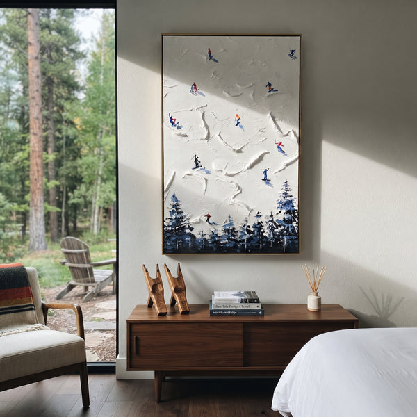 "Valley Skiers With Blue Tracks" - Modern Heavy Impasto Landscape Artwork | White & Blue Palette Knife Painting | Luxury Vertical Wall Art #PT 2514