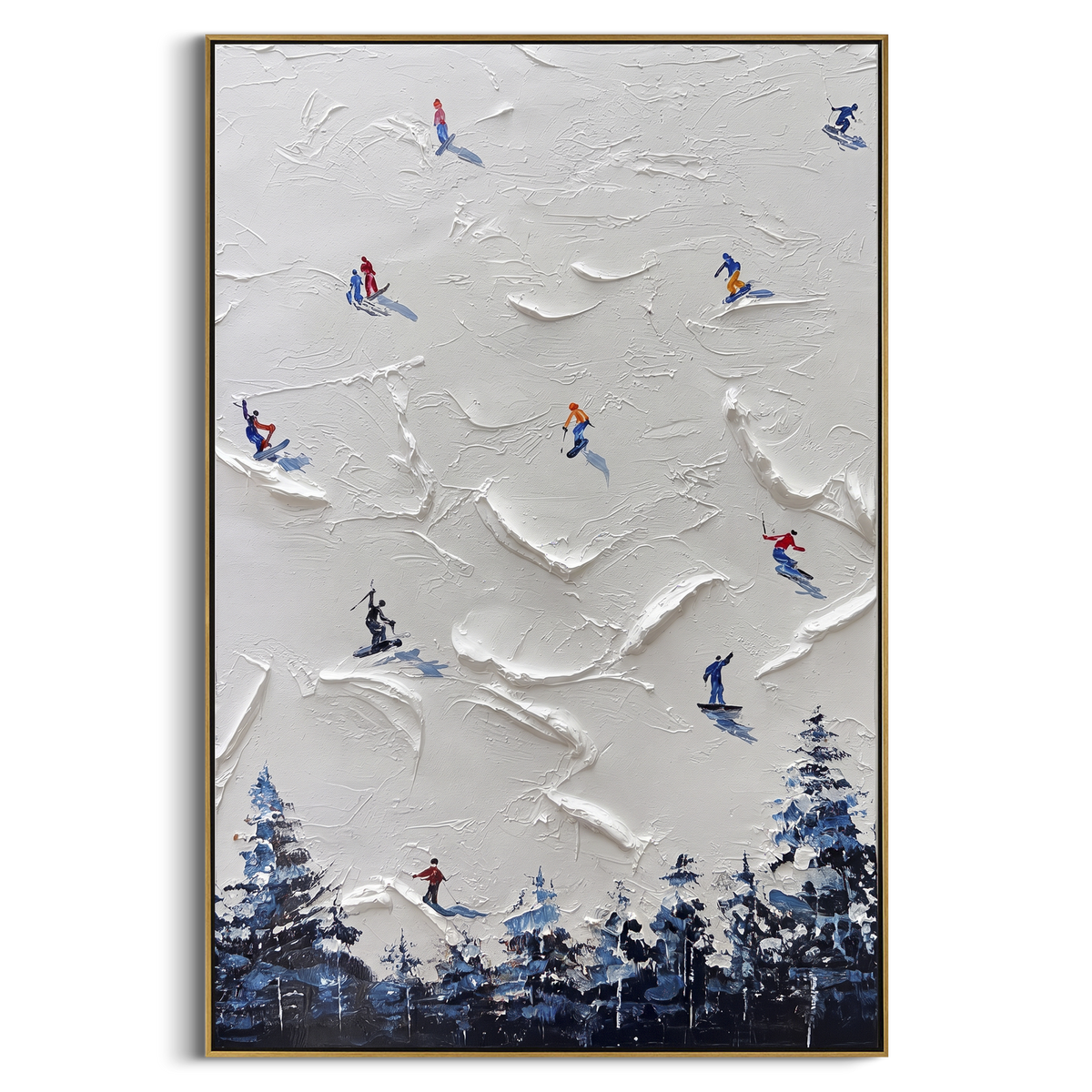 Valley Skiers With Blue Tracks focuses on colored skiers crossing raised white snow tracks between dark pine edges. The artwork shows a winter ski scene built from the actual image: visible downhill figures, curved snow tracks, raised ridgelines, and alpine space arranged in a tall composition. The white, blue, gray palette gives the piece a cold mountain atmosphere while the thick impasto surface creates shadows along each snowbank, ski line, and textured ridge. This is presented as