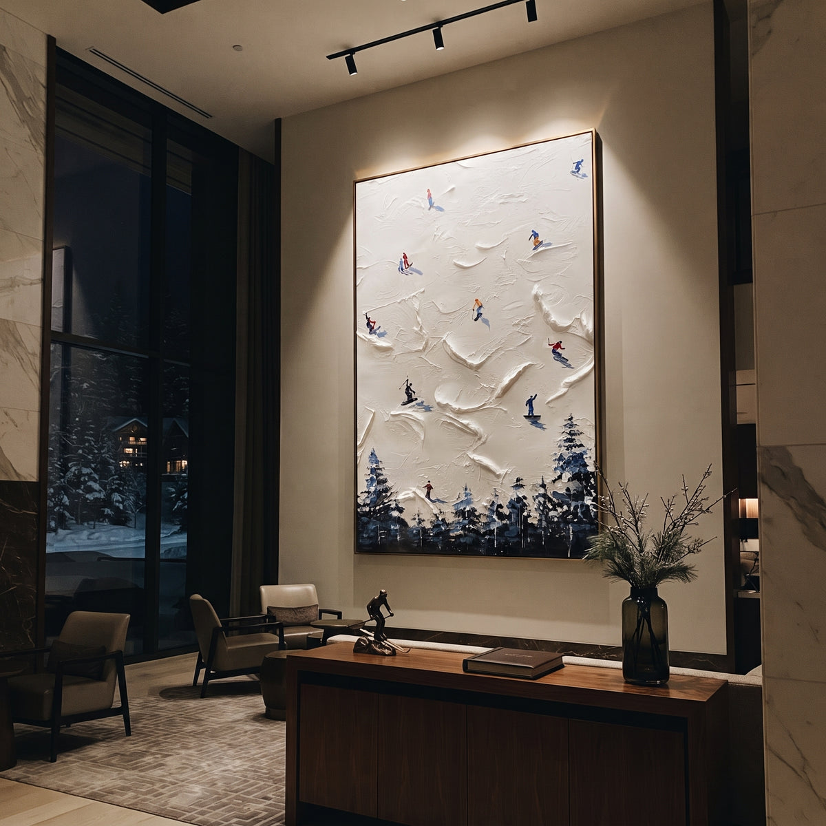 Valley Skiers With Blue Tracks focuses on colored skiers crossing raised white snow tracks between dark pine edges. The artwork shows a winter ski scene built from the actual image: visible downhill figures, curved snow tracks, raised ridgelines, and alpine space arranged in a tall composition. The white, blue, gray palette gives the piece a cold mountain atmosphere while the thick impasto surface creates shadows along each snowbank, ski line, and textured ridge. This is presented as