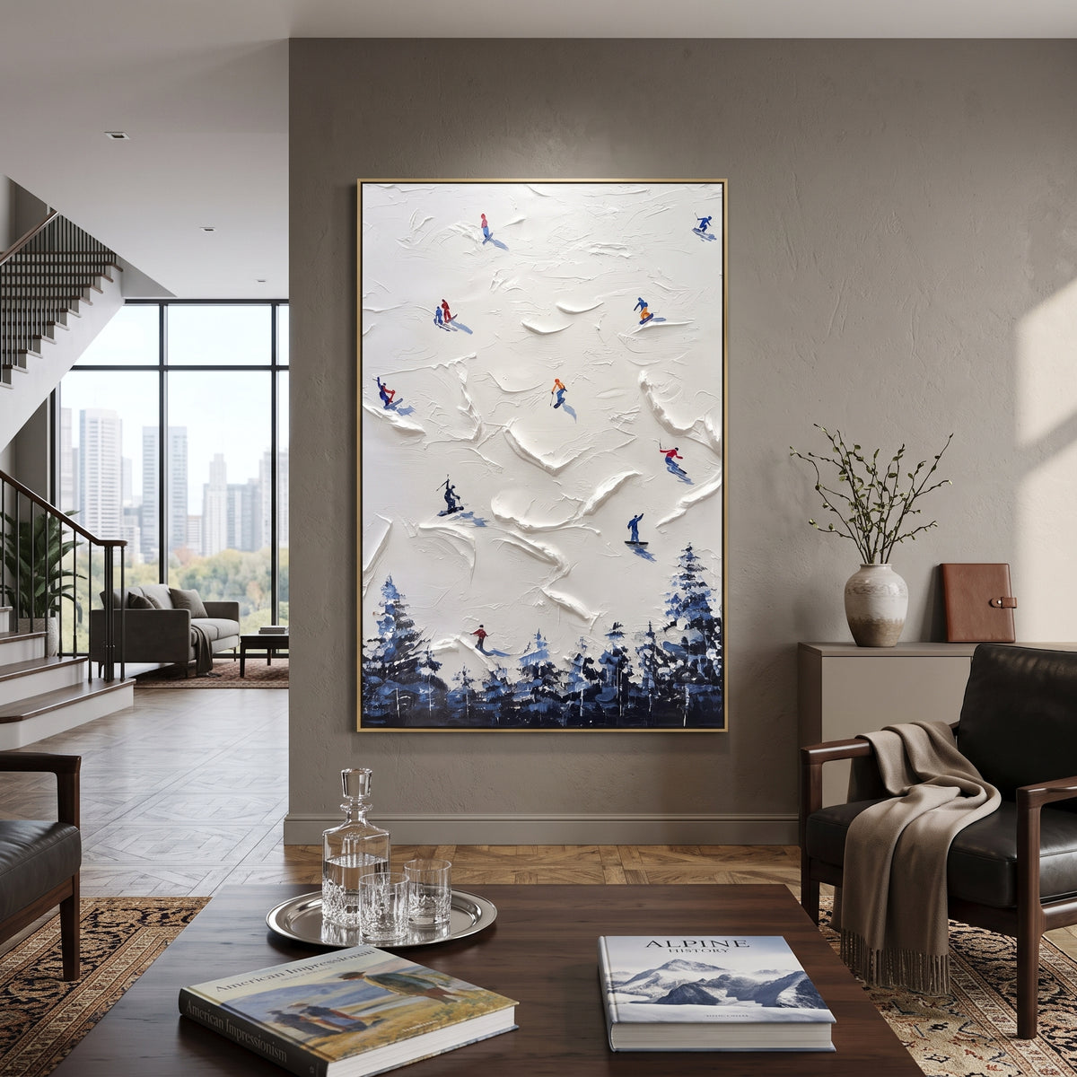 Valley Skiers With Blue Tracks focuses on colored skiers crossing raised white snow tracks between dark pine edges. The artwork shows a winter ski scene built from the actual image: visible downhill figures, curved snow tracks, raised ridgelines, and alpine space arranged in a tall composition. The white, blue, gray palette gives the piece a cold mountain atmosphere while the thick impasto surface creates shadows along each snowbank, ski line, and textured ridge. This is presented as