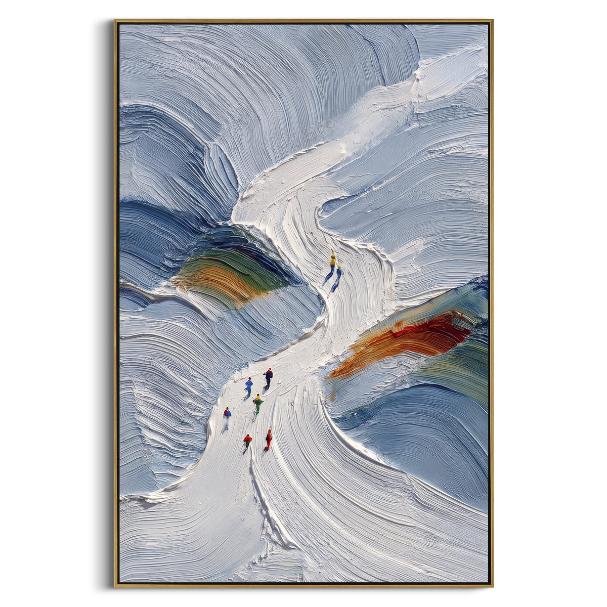 Blue Chute Ski Valley focuses on small skiers following a narrow white chute through blue sculpted snow walls. The artwork shows a winter ski scene built from the actual image: visible downhill figures, curved snow tracks, raised ridgelines, and alpine space arranged in a tall composition. The blue, white, orange palette gives the piece a cold mountain atmosphere while the thick impasto surface creates shadows along each snowbank, ski line, and textured ridge. This is presented as hand-painted