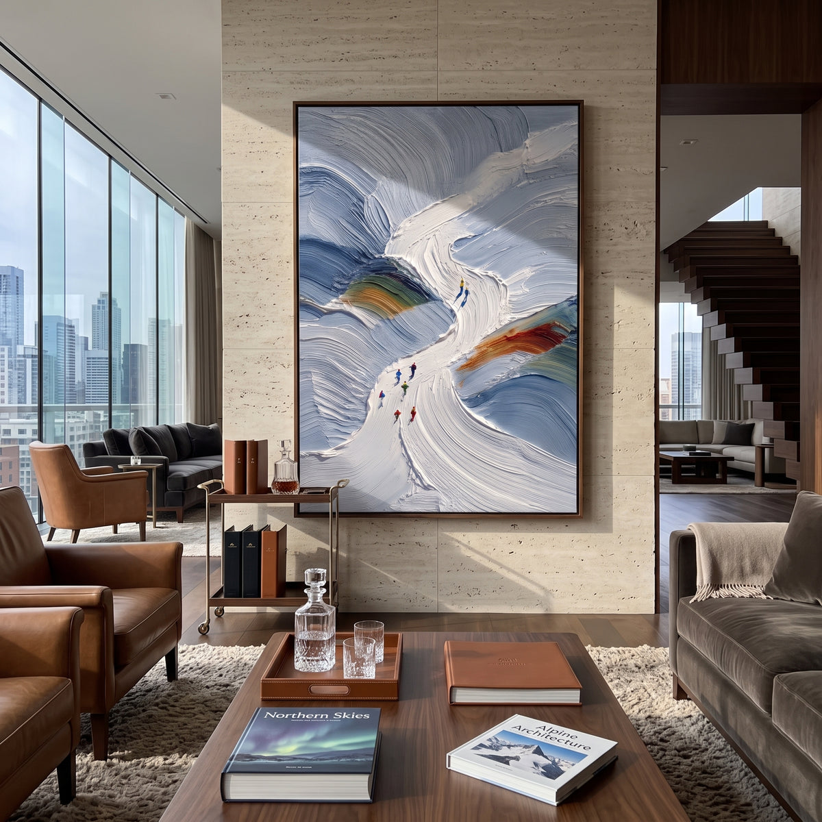 Blue Chute Ski Valley focuses on small skiers following a narrow white chute through blue sculpted snow walls. The artwork shows a winter ski scene built from the actual image: visible downhill figures, curved snow tracks, raised ridgelines, and alpine space arranged in a tall composition. The blue, white, orange palette gives the piece a cold mountain atmosphere while the thick impasto surface creates shadows along each snowbank, ski line, and textured ridge. This is presented as hand-painted