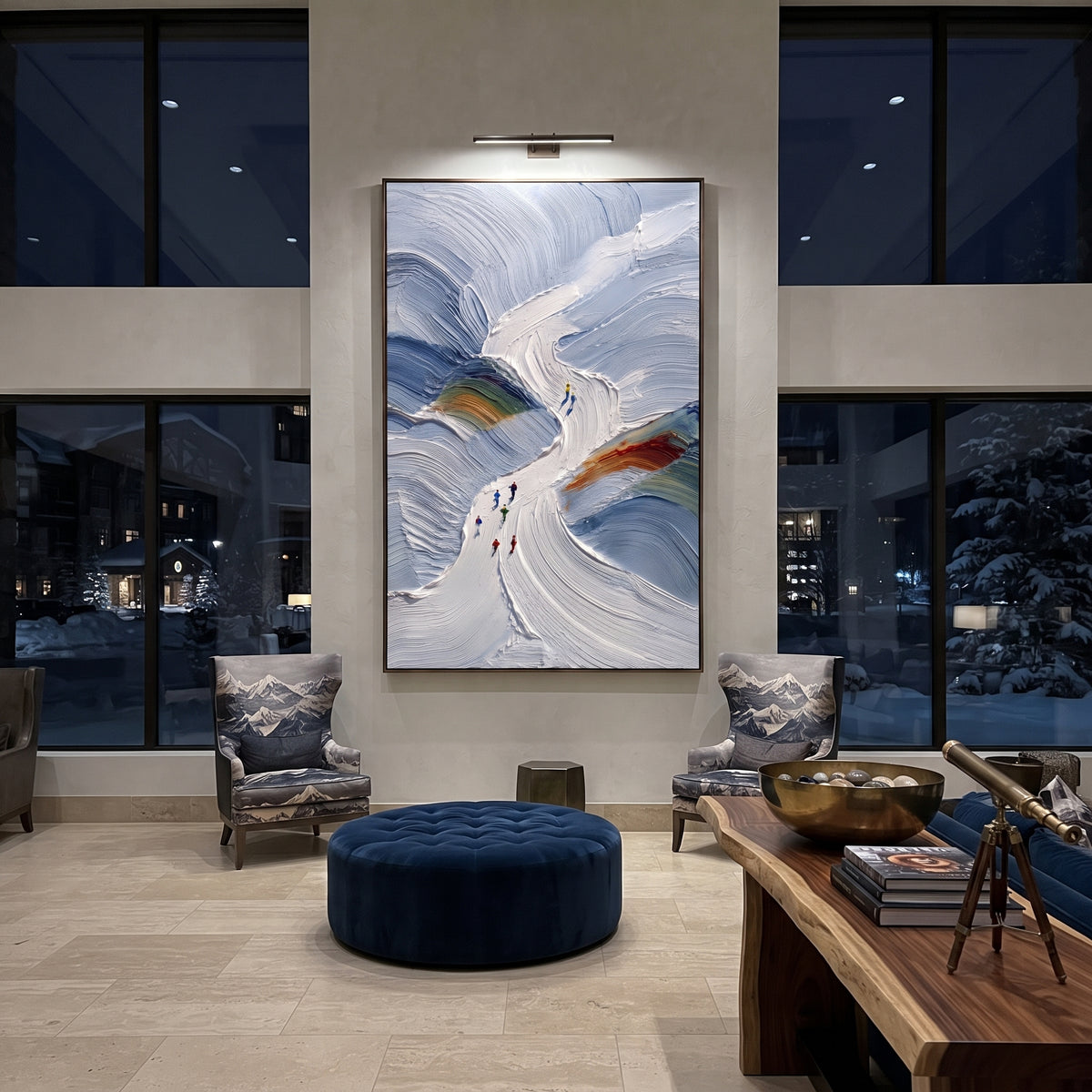 Blue Chute Ski Valley focuses on small skiers following a narrow white chute through blue sculpted snow walls. The artwork shows a winter ski scene built from the actual image: visible downhill figures, curved snow tracks, raised ridgelines, and alpine space arranged in a tall composition. The blue, white, orange palette gives the piece a cold mountain atmosphere while the thick impasto surface creates shadows along each snowbank, ski line, and textured ridge. This is presented as hand-painted