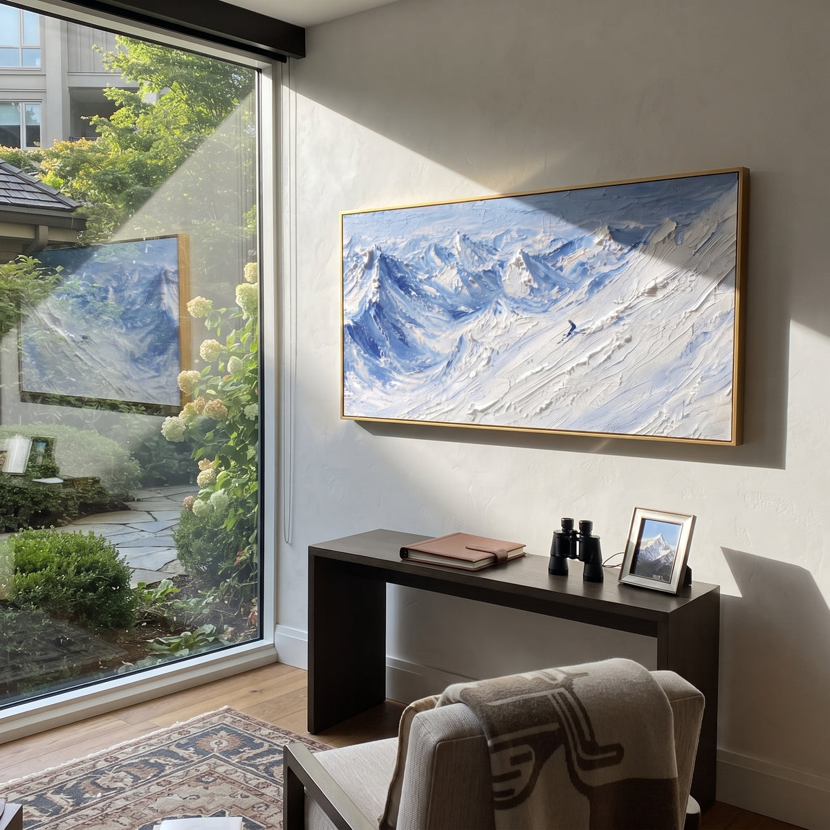 Misty Alpine Descent With Pine Shadows focuses on a forest-framed ski descent with clustered pines and winding carved tracks. The artwork shows a winter ski scene built from the actual image: visible downhill figures, curved snow tracks, raised ridgelines, and alpine space arranged in a wide composition. The white, green, blue palette gives the piece a cold mountain atmosphere while the thick impasto surface creates shadows along each snowbank, ski line, and textured ridge. This is presented as