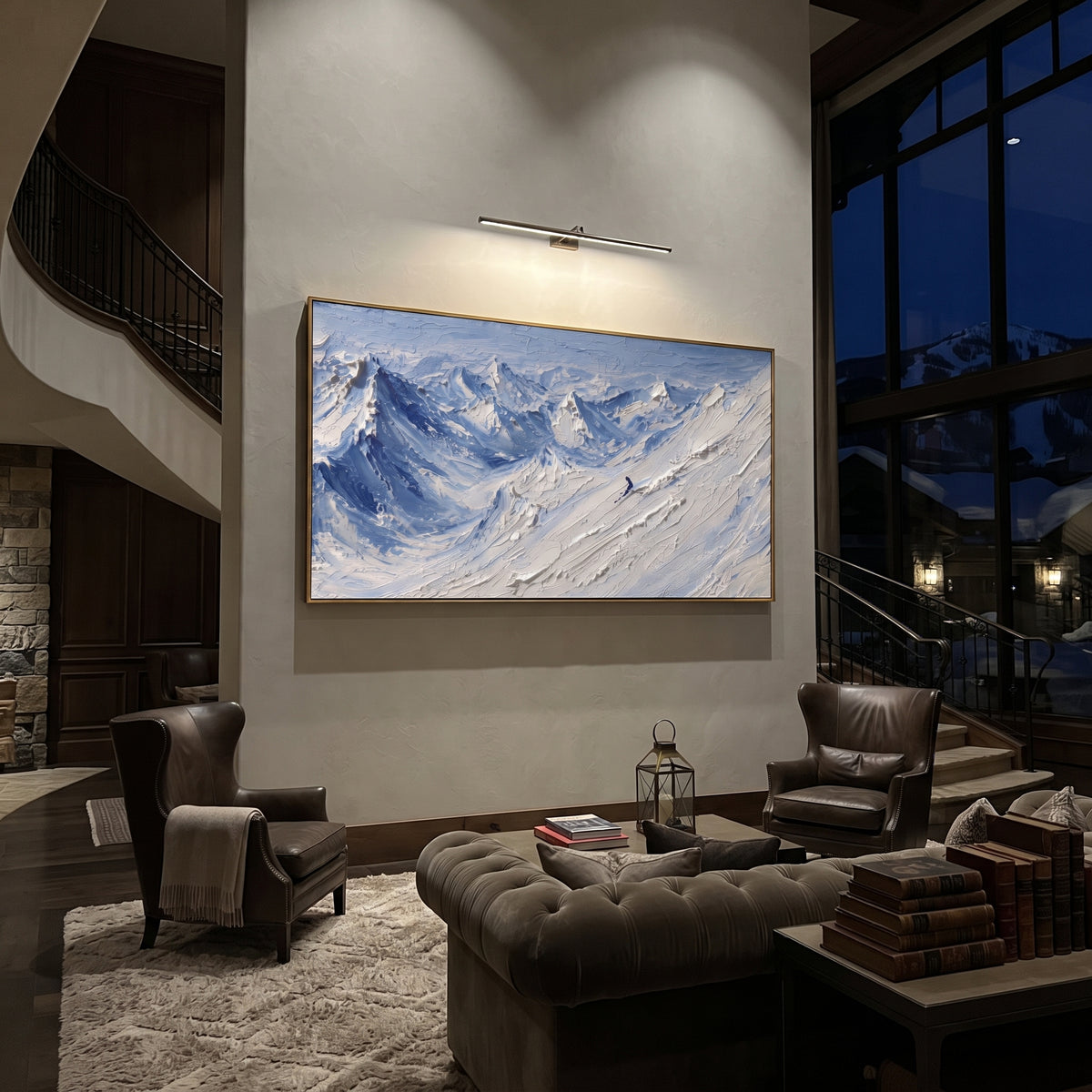 Misty Alpine Descent With Pine Shadows focuses on a forest-framed ski descent with clustered pines and winding carved tracks. The artwork shows a winter ski scene built from the actual image: visible downhill figures, curved snow tracks, raised ridgelines, and alpine space arranged in a wide composition. The white, green, blue palette gives the piece a cold mountain atmosphere while the thick impasto surface creates shadows along each snowbank, ski line, and textured ridge. This is presented as