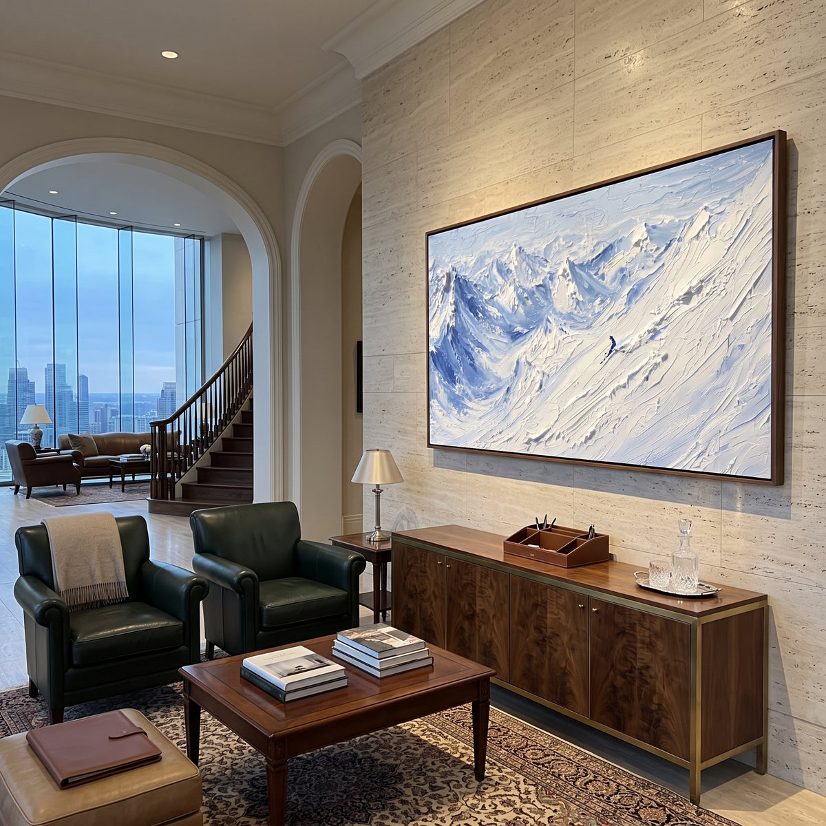 Misty Alpine Descent With Pine Shadows focuses on a forest-framed ski descent with clustered pines and winding carved tracks. The artwork shows a winter ski scene built from the actual image: visible downhill figures, curved snow tracks, raised ridgelines, and alpine space arranged in a wide composition. The white, green, blue palette gives the piece a cold mountain atmosphere while the thick impasto surface creates shadows along each snowbank, ski line, and textured ridge. This is presented as