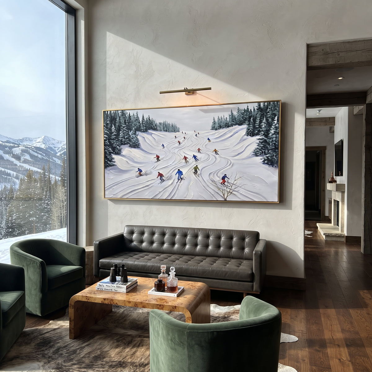 Crisp Snow Corridors With Pine Shadows focuses on a busy resort slope with many tiny figures following separate downhill lines. The artwork shows a winter ski scene built from the actual image: visible downhill figures, curved snow tracks, raised ridgelines, and alpine space arranged in a wide composition. The white, green, blue palette gives the piece a cold mountain atmosphere while the thick impasto surface creates shadows along each snowbank, ski line, and textured ridge. This is presented