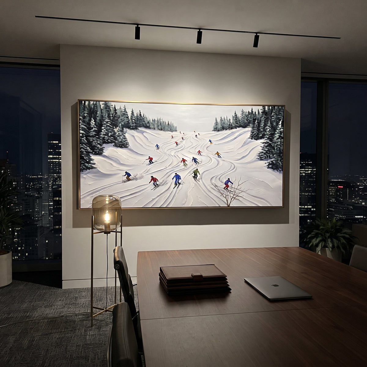 Crisp Snow Corridors With Pine Shadows focuses on a busy resort slope with many tiny figures following separate downhill lines. The artwork shows a winter ski scene built from the actual image: visible downhill figures, curved snow tracks, raised ridgelines, and alpine space arranged in a wide composition. The white, green, blue palette gives the piece a cold mountain atmosphere while the thick impasto surface creates shadows along each snowbank, ski line, and textured ridge. This is presented