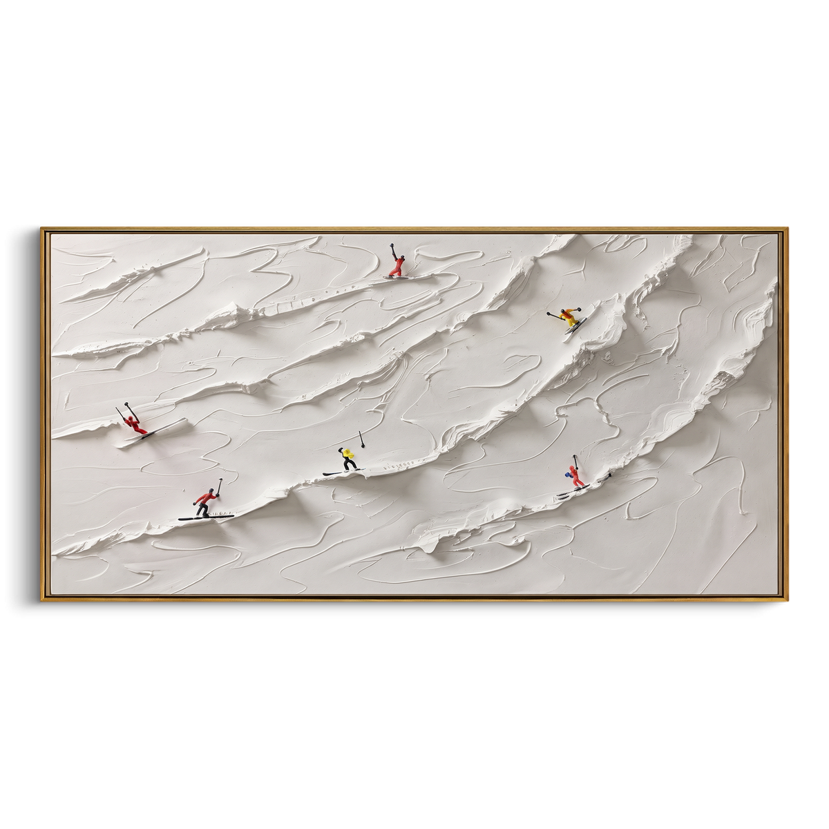 Slope Ridge Skiers With Pine Shadows focuses on colored skiers crossing raised white snow tracks between dark pine edges. The artwork shows a winter ski scene built from the actual image: visible downhill figures, curved snow tracks, raised ridgelines, and alpine space arranged in a wide composition. The white, beige, blue palette gives the piece a cold mountain atmosphere while the thick impasto surface creates shadows along each snowbank, ski line, and textured ridge. This is presented as