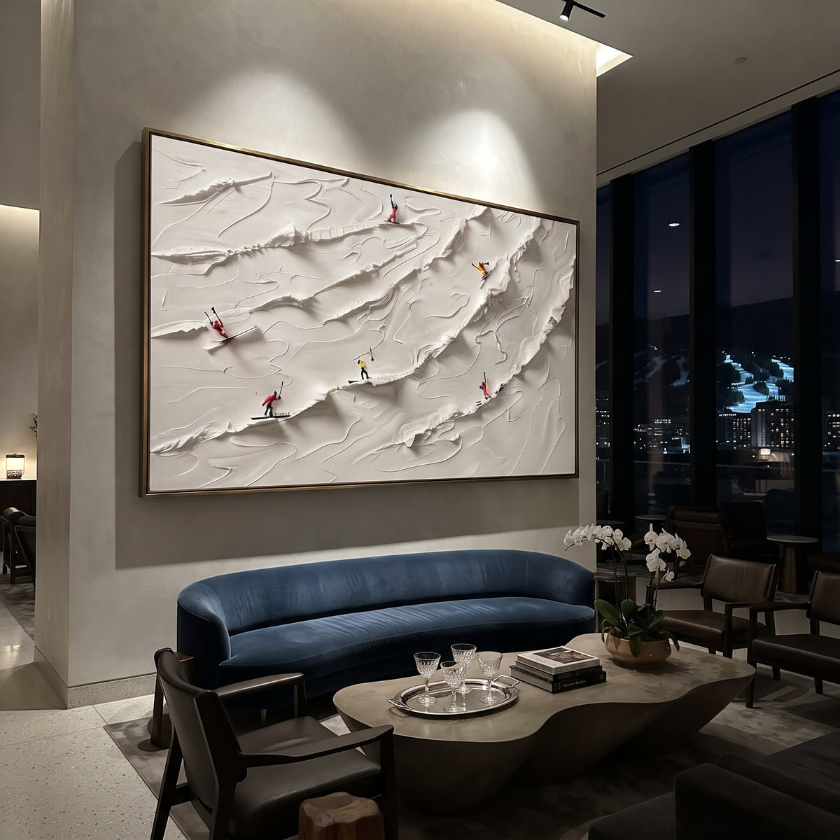 Slope Ridge Skiers With Pine Shadows focuses on colored skiers crossing raised white snow tracks between dark pine edges. The artwork shows a winter ski scene built from the actual image: visible downhill figures, curved snow tracks, raised ridgelines, and alpine space arranged in a wide composition. The white, beige, blue palette gives the piece a cold mountain atmosphere while the thick impasto surface creates shadows along each snowbank, ski line, and textured ridge. This is presented as