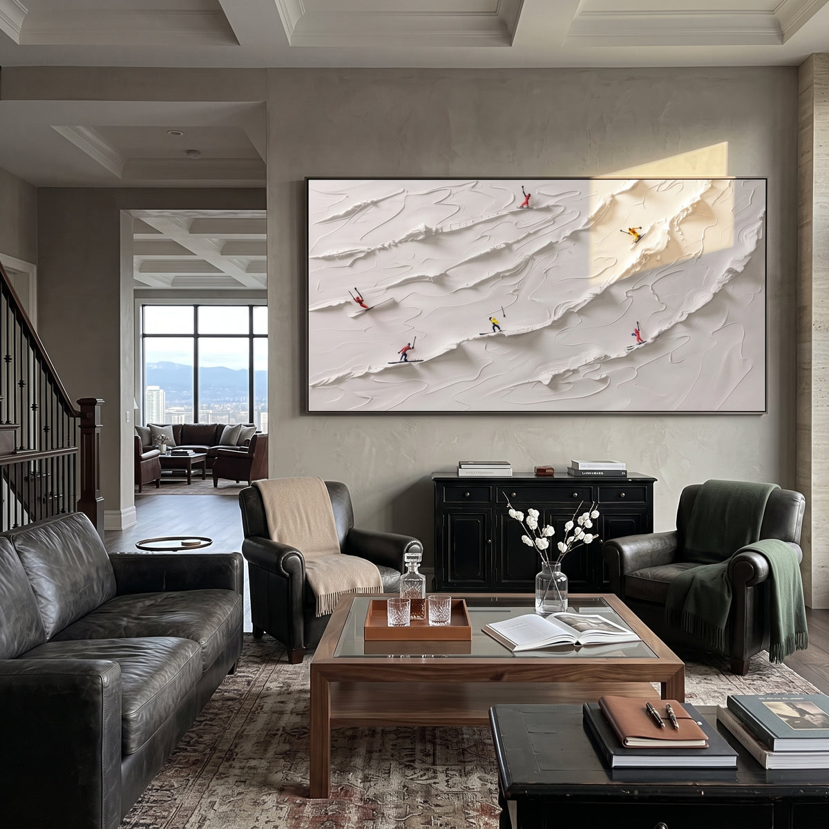Slope Ridge Skiers With Pine Shadows focuses on colored skiers crossing raised white snow tracks between dark pine edges. The artwork shows a winter ski scene built from the actual image: visible downhill figures, curved snow tracks, raised ridgelines, and alpine space arranged in a wide composition. The white, beige, blue palette gives the piece a cold mountain atmosphere while the thick impasto surface creates shadows along each snowbank, ski line, and textured ridge. This is presented as