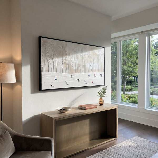 "Peak Snow Basin With Blue Tracks" - Modern Heavy Impasto Landscape Artwork | Blue & White Palette Knife Painting | Luxury Horizontal Wall Art #PT 2519