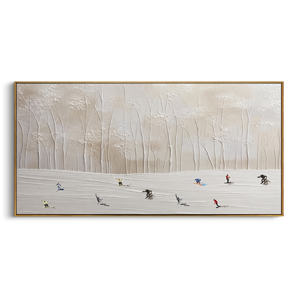 Peak Snow Basin With Blue Tracks focuses on layered snow ridges, visible ski marks, and a quiet pine border. The artwork shows a winter ski scene built from the actual image: visible downhill figures, curved snow tracks, raised ridgelines, and alpine space arranged in a wide composition. The blue, white, orange palette gives the piece a cold mountain atmosphere while the thick impasto surface creates shadows along each snowbank, ski line, and textured ridge. This is presented as hand-painted