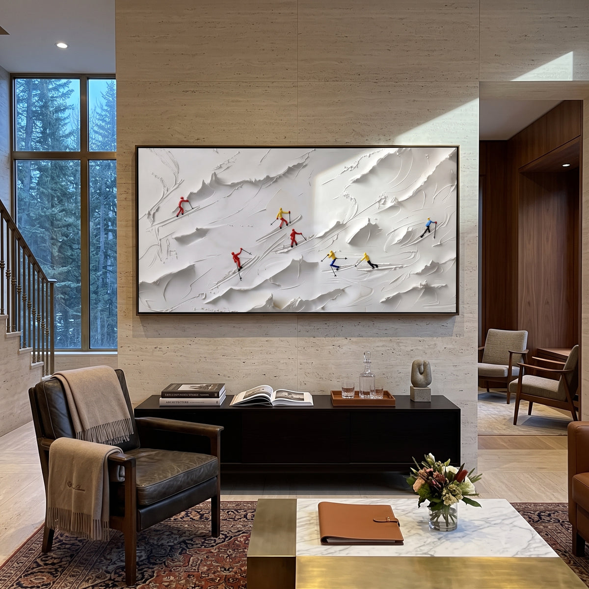 Trail Snow Corridors With Blue Tracks focuses on a forest-framed ski descent with clustered pines and winding carved tracks. The artwork shows a winter ski scene built from the actual image: visible downhill figures, curved snow tracks, raised ridgelines, and alpine space arranged in a wide composition. The white, blue, gray palette gives the piece a cold mountain atmosphere while the thick impasto surface creates shadows along each snowbank, ski line, and textured ridge. This is presented as