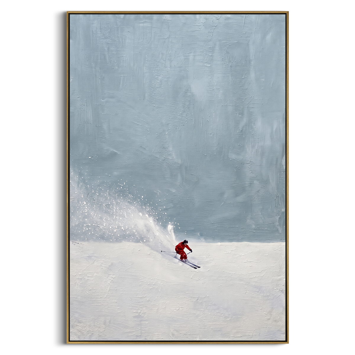 Red Skier Blue Mist focuses on a red skier crossing a low white slope beneath a broad blue misted sky. The artwork shows a winter ski scene built from the actual image: visible downhill figures, curved snow tracks, raised ridgelines, and alpine space arranged in a tall composition. The blue, white, red palette gives the piece a cold mountain atmosphere while the thick impasto surface creates shadows along each snowbank, ski line, and textured ridge. This is presented as hand-painted textured