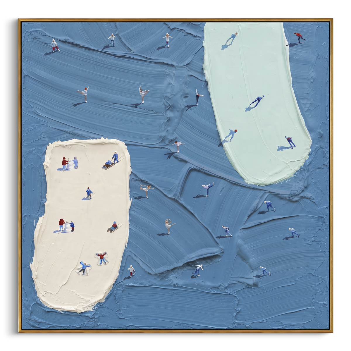 Blue Resort Island Trails focuses on tiny skiers scattered across blue resort trails divided by two pale raised ski islands. The artwork shows a winter ski scene built from the actual image: visible downhill figures, curved snow tracks, raised ridgelines, and alpine space arranged in a balanced composition. The blue, white, gray palette gives the piece a cold mountain atmosphere while the thick impasto surface creates shadows along each snowbank, ski line, and textured ridge. This is presented