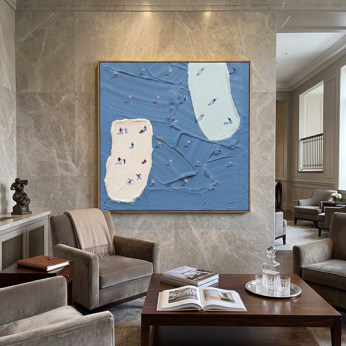 Blue Resort Island Trails focuses on tiny skiers scattered across blue resort trails divided by two pale raised ski islands. The artwork shows a winter ski scene built from the actual image: visible downhill figures, curved snow tracks, raised ridgelines, and alpine space arranged in a balanced composition. The blue, white, gray palette gives the piece a cold mountain atmosphere while the thick impasto surface creates shadows along each snowbank, ski line, and textured ridge. This is presented
