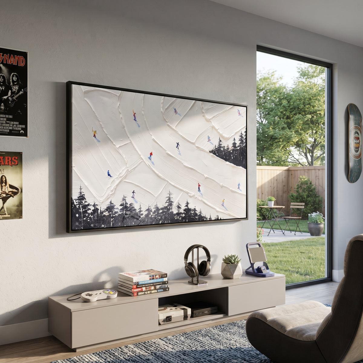 Fresh Ski Traverse With Blue Tracks focuses on layered snow ridges, visible ski marks, and a quiet pine border. The artwork shows a winter ski scene built from the actual image: visible downhill figures, curved snow tracks, raised ridgelines, and alpine space arranged in a wide composition. The white, black, gray palette gives the piece a cold mountain atmosphere while the thick impasto surface creates shadows along each snowbank, ski line, and textured ridge. This is presented as hand-painted